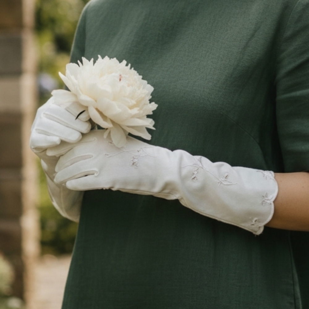Elegant Vintage 1970s White Embroidered Women's Gloves